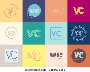 VC Logo Company Vorlage. Buchstabe v und Logo. Verschiedene klassische Serifenbuchstaben und moderne fette Schrift mit Design-Elementen setzen. Erste Schriftarttypografie. Kollektion trendige Geschäftsidentität.