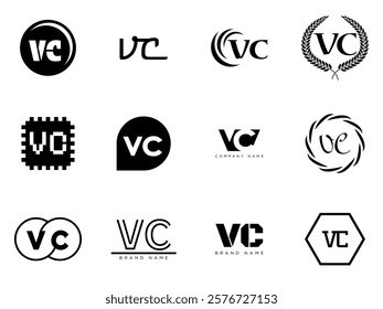 VC logo company template. Letter v and c logotype. Set different classic serif lettering and modern bold text with design elements. Initial font typography. Collection trendy business identity.