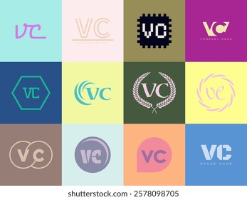 VC logo company template. Letter v and c logotype. Set different classic serif lettering and modern bold text with design elements. Initial font typography. Collection trendy business identity.