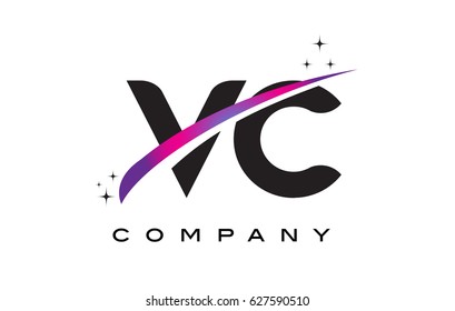 VC V C Black Letter Logo Design with Purple Magenta Swoosh and Stars.