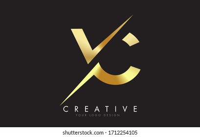 VC V C Golden Letter Logo Design with a Creative Cut. Creative logo design with Black Background.