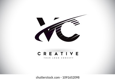 VC V C Letter Logo Design with Swoosh and Black Lines. Modern Creative zebra lines Letters Vector Logo