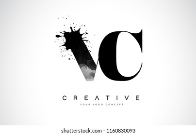 VC V C Letter Logo Design with Black Ink Watercolor Splash Spill Vector Illustration.
