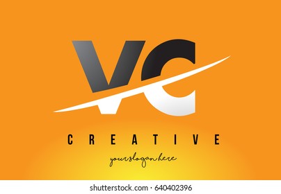 VC V C Letter Modern Logo Design with Swoosh Cutting the Middle Letters and Yellow Background.
