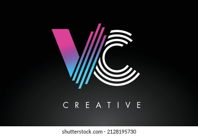 VC White Purple Lines Letter Logo. Creative Line Letters Design Vector Template.