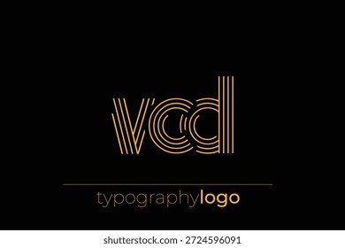 Logotipo moderno de tipografia geométrica VCD. Composição moderna e elegante com uma ilustração de logotipo de tipografia monocromática projetada com linhas intrincadas.