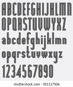 Vcetor poster striped black alphabet letters and numbers. Textured digits from 0 to 9