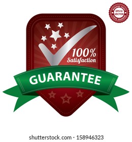 Vcetor : Product Certification or Product Verification Sticker, Tag or Badge Present By 100 Percent Satisfaction Guarantee on Red Label With Star and Check Mark Sign Isolated on White Background 