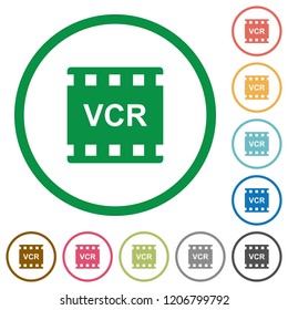 VCR movie standard flat color icons in round outlines on white background