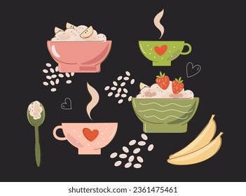 Vctor doodle Set Oatmeal Breakfast,oat bowls. Cartoon porridge with strawberries and bananas, boiled cereals and healthy food.