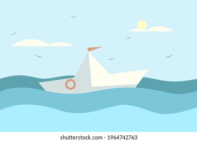 Vctor flat design illustration. Small white boat , wavy deep blue sea, sun, sky, clouds, flying birds. For poctcards, poster, flyer, invitation about travel, tourism, adventures.