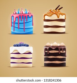 Vctor illustration of four delicious different cakes with blueberry, meringue, caramel and marshmallow