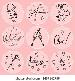 Vctor set with nine round stickers about love and Paris. French style pomantic. life in pink color.