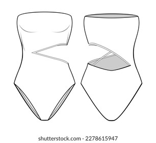 V-Cut side Bodysuit fashion flat technical drawing template. swimsuit technical fashion Illustration, front, and back view, white, CAD mockup.