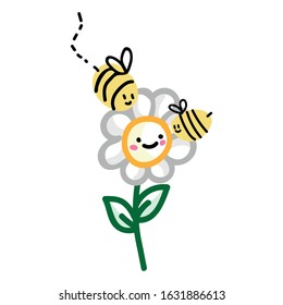 vCute simple stylized bee doodle clipart. Hand drawn flying insect wildlife nature. Flat color daisy flower bloom illustration. Isolated comb, busy bee, bug. Vector EPS 10. 