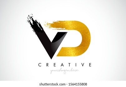 VD Letter Design with Black Golden Brush Stroke and Modern Look Vector Illustration.