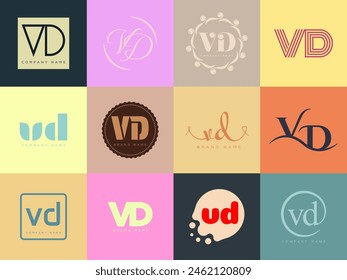 VD logo company template. Letter v and d logotype. Set different classic serif lettering and modern bold text with design elements. Initial font typography. Collection trendy business identity.