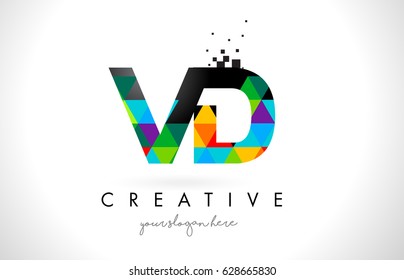 VD V D Letter Logo with Colorful Vivid Triangles Texture Design Vector Illustration.