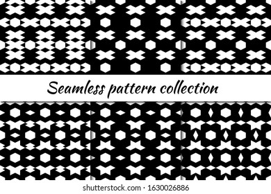 VDiamonds, rhombuses, lozenges, hexagons, figures seamless patterns collection. Folk prints. Ethnic ornaments set. Tribal wallpapers kit. Geometrical backgrounds. Retro motif. Abstract vectors bundle.