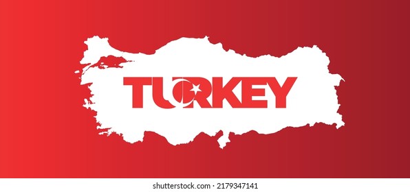 Türkiye haritası ve ay yıldızlı Turkey tipografisi.
Turkey map and typography on red background. translation: turkey