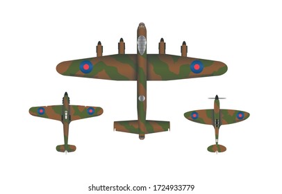 VE Day DDay Spitfire, Hurricane, Lancaster, Mosquito UK Vector Symbol Logo