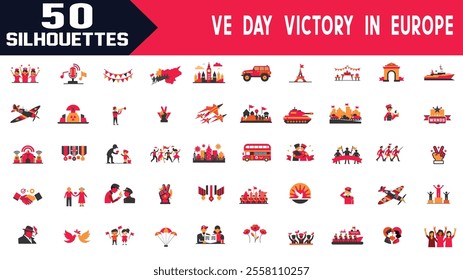 VE Day Victory in Europe, Editable Stroke Outline Silhouettes Set, Russian Great Victory Holiday Poster, 78th Anniversary with Waving Flag Design, Typography Vector Illustration