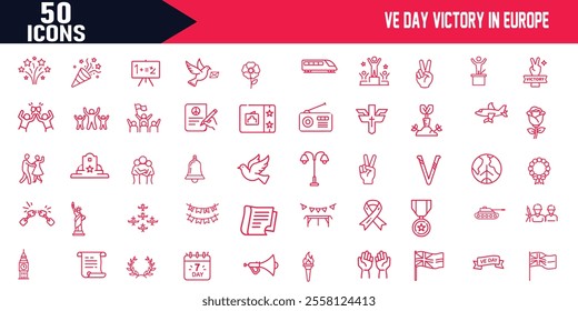 VE Day Victory in Europe Editable Stroke Outline Web Icons Set ,Russian Great Victory Holiday Celebration. Flowering Apple Tree, Balloons, and Symbols of Peace. Perfect for Illustrators Designers