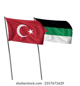 Türkiye ve Filistin Bayrak. Türk bayrağı. Filistin Bayrağı. Turkish flag and palestine flag waving on white background