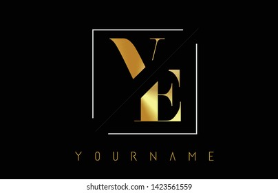 VE Golden Letter Logo with Cutted and Intersected Design and Square Frame Vector Illustration