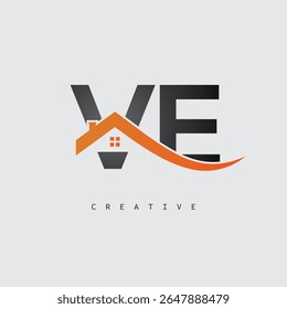 Logotipo da carta da casa de VE - Monograma imobiliário criativo com forma de telhado e ícone da casa para a propriedade, arquitetura e identidade de marca moderna