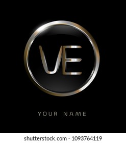 VE initial letters with circle elegant logo golden silver black background