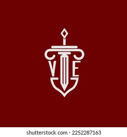VE initial logo monogram design for legal lawyer vector image with sword and shield