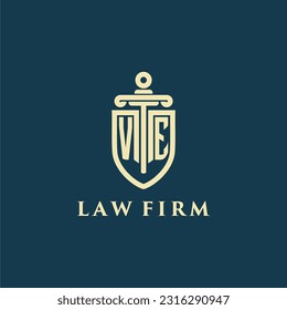 Monograma inicial VE para bufete de abogados con imagen del logo de la espada y el escudo
