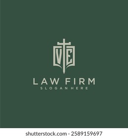 VE initial monogram for law firm with sword and shield logo image