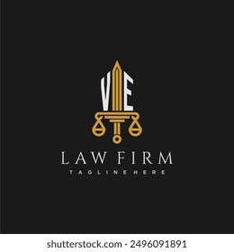 VE initial monogram for lawfirm logo with sword and scale