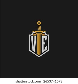 Monograma inicial VE para imagem de escudo e espada