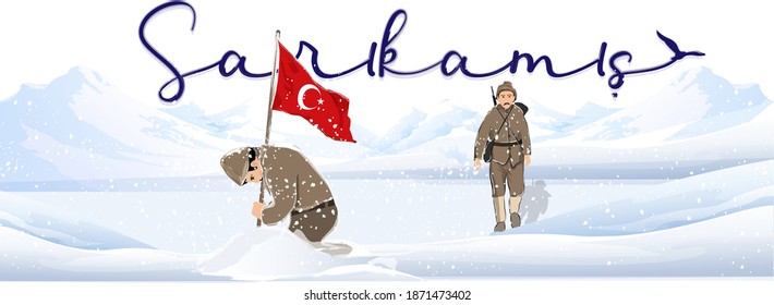 Sarıkamış harekatı ve Türk Bayrağı taşıyan kahraman Türk Askeri. Turkish soldiers walking at Sarikamis Allahuekber Mountains