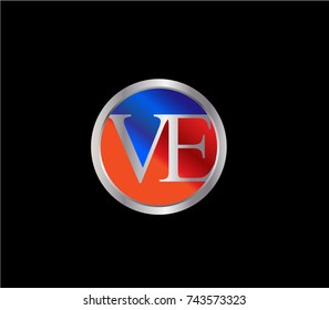 VE Letter logo Design in a circle. Blue Red and silver colored
