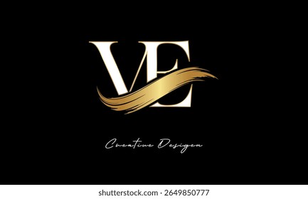 Logotipo do Monograma da carta VE - Marca elegante da carta do traço da escova de ouro para a marca de luxo, moda, Boutique Premium Identity Design
