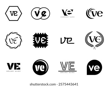 VE logo company template. Letter v and e logotype. Set different classic serif lettering and modern bold text with design elements. Initial font typography. Collection trendy business identity.