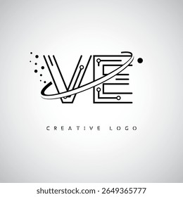 Logotipo do Monograma da Órbita VE - Marca de Letra Mínima Futurista com Linha de Arte Circular, Pontos Inspirados na Tecnologia e Conceito de Movimento Espacial para Identidade de Marca Moderna