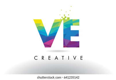 VE V E Colorful Letter Design with Creative Origami Triangles Rainbow Vector.