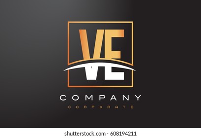 VE V E Golden Letter Logo Design with Swoosh and Rectangle Square Box Vector Design.