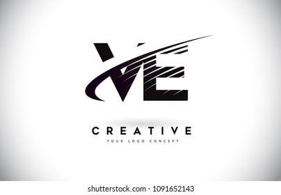 VE V E Letter Logo Design with Swoosh and Black Lines. Modern Creative zebra lines Letters Vector Logo