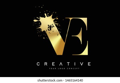 VE V E Letter Logo with Gold Melted Metal Splash Vector Design Illustration.