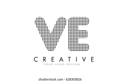 VE V E Letter Logo Design with Black Dots and Bubble Trails.