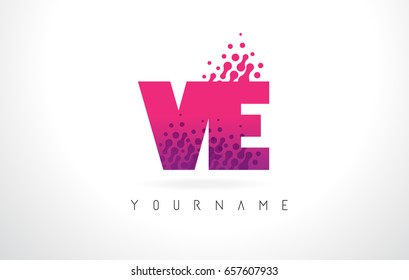 VE V E Letter Logo with Pink Letters and Purple Color Particles Dots Design.