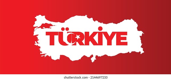 Türkiye yazısı ve Türkiye haritası
White Turkey text on red Turkey map. Moon and star vector.