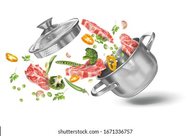 Veal steaks with broccoli, paprika, green peas, parsley and spices in a stainless steel stock pot. with a lid. Vector realistic illustration isolated on white background. Dynamic 3d composition.