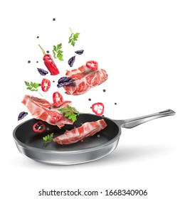 Veal steaks with red chili, parsley and basil. Fried spicy meat dish with spices in a pan. Vector flying composition isolated on white background.